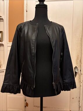 Catherine Malandrino Black Faux Leather Ruffle-Hem Jacket